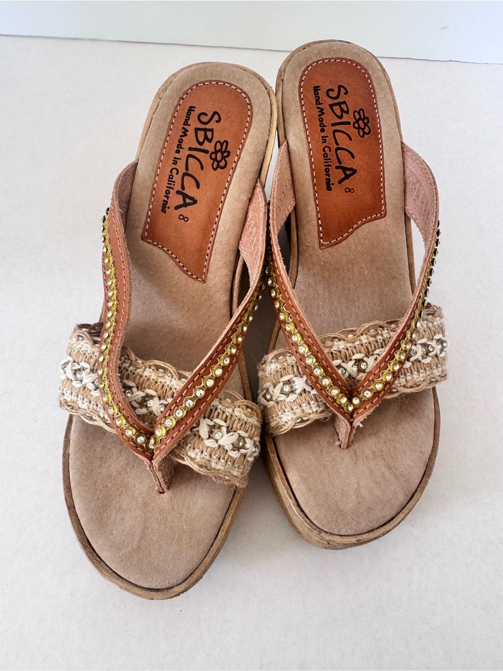 Sbicca Tan Beaded Wedge Sandals